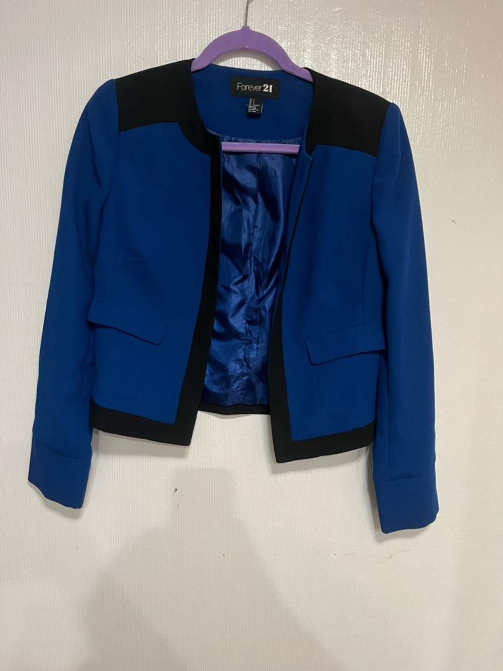 Forever 21 Blue and Black Open-Front Cropped Blazer